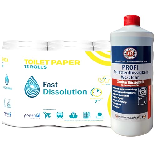 Camping Toilettenpapier (12 Rollen, selbstauflösend) + Reuschenbach Sanitärflüssigkeit (1L) – Praktisches Camping Toiletten Set für Wohnmobil, Caravan & Outdoor