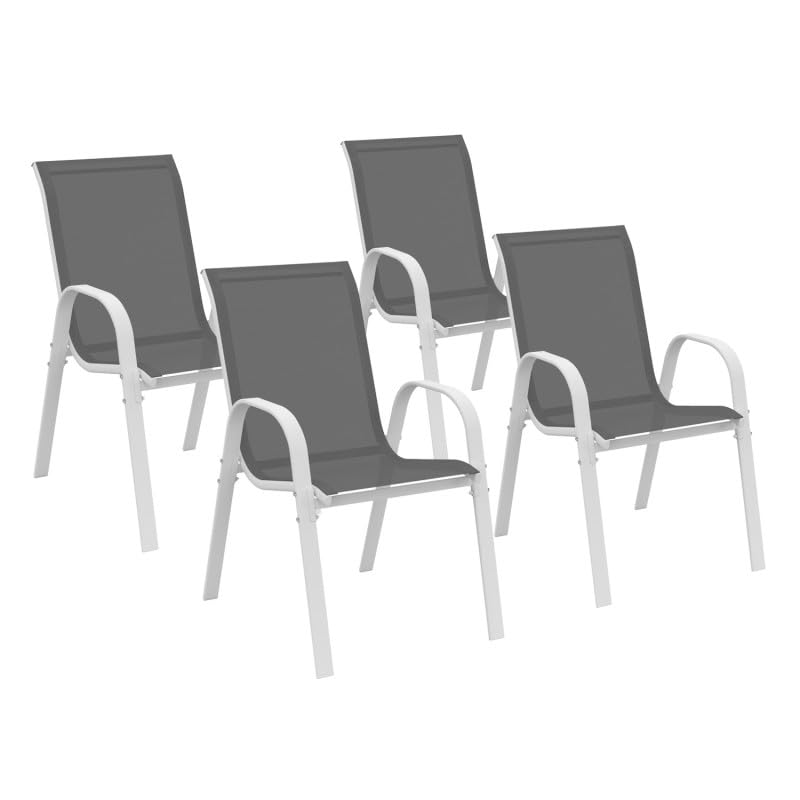 IDMarket - Juego de 4 sillas de jardín LYMA metal y textileno apilables blanco y gris