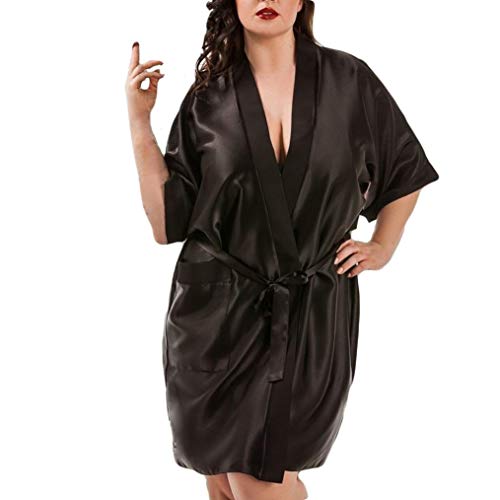 PASATO Clearanceï¼Women Satin Dressing Gown Plus Size Bride Children Robe Lingerie Babydoll(Black, XL)