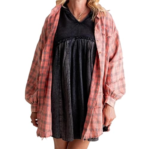 Flannel Shirts,Women's Seams Raw Edge Washed Oversized Shirt Jacket with Pockets,Plaid Button Down Long Shirts Coats