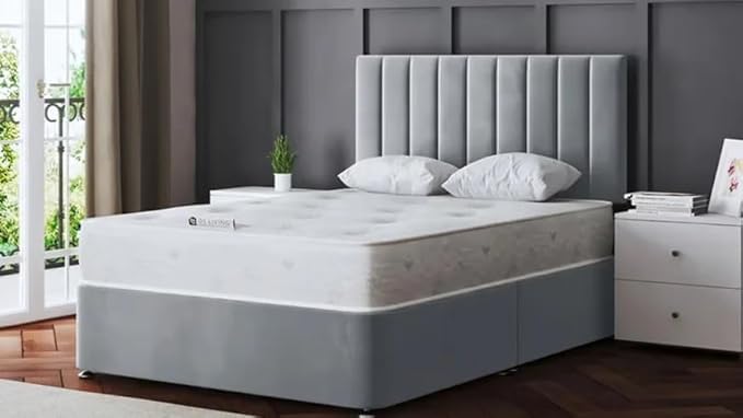 Designer Divan Bed Base with Gio Headboard, 4 Storage Drawers, Chenille Fabric Silver chenille, 5FT king Size