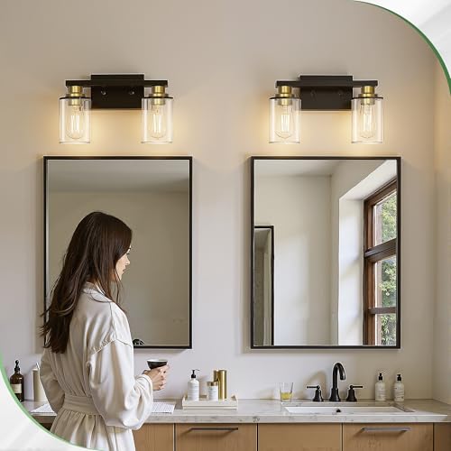 Image of DORESshop Bathroom Light Fixtures, 2-Light Black and Gold Bathroom Lights Over Mirror with Clear Glass Shade, Vanity Lights for Hallway Bedroom Living Room, ETL Listed