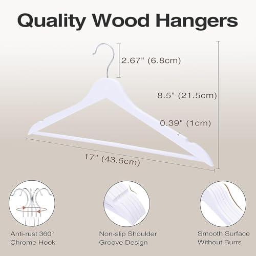 Image of Wooden Hangers for Clothes Hanging | Heavy Duty Coat Hangers with 360 Swivel Hook & Non-Slip Notches | Natural Wood Suit Hangers for Shirts, Blazer, Dresses & Saree (50, White)
