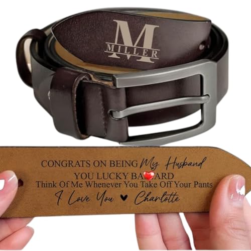 Generic Congrats On Being My Husband You Lucky Bastard, Personalized 2-Sided Engraved Belt for Husband, Wide Black/Brown Leather Belts, Custom Name Belt for Men for Husband, Fathers Day