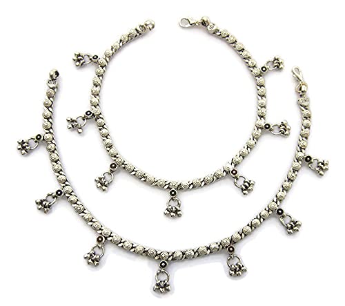 IndiaStop Sturdy Finely Crafted Anklets for Women Handmade Soldered | Indian Ethnic Payal Anklet Bracelet | Silver Plated Oxidised Finish Gypsy Hippie Boho Goth Rave Festival Style Novelty Fashion Jewelry Silver Oxidized 10 inch + 1.5 inch extender a