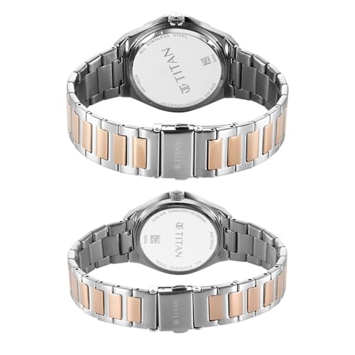 Image of Titan Modern Bandhan Pair Analog with White Dial Dual Tone Rose Gold Stainless Steel Strap Watch for Couples - 9401694216KM01