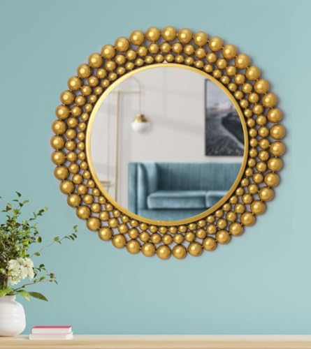 Image of Artemade Iron Frame Wall Mirror Decorative Wall Hanging Mirrors for Living Room Batroom Bedroom Makeup Mirror (Golden, 46 cm)