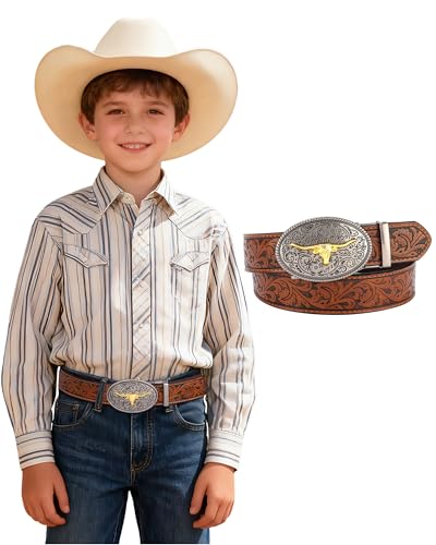 AWAYTR Kids Ratchet Western Belt - PU Leather Cowboy Belt Adjustable Toddler to Big Kid Sizes for Jeans (Gunmetal Gold Cow-Brown Fit Waist: 23-26)