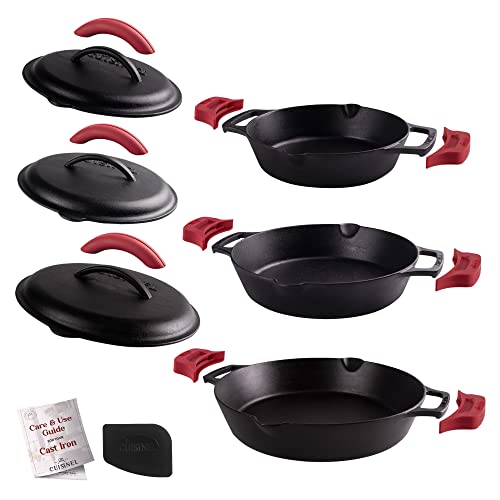 Image of Cast Iron Skillet + Cast Iron Lid Set - 8 inch+10 inch+12 inch Dual Handle Frying Pans + Pan Scraper + Silicone Handle Holder Covers - Pre-Seasoned Indoor /Outdoor, Grill, Stovetop, Induction, Oven Safe Cookware