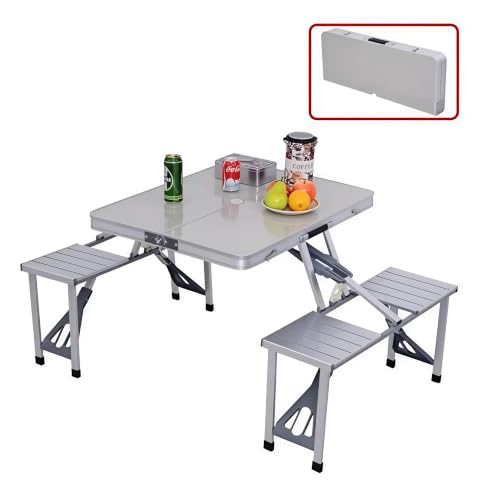 Image of Foldable Picnic Table with Umbrella, Portable 4 Seater Camping Table Set, Aluminum Folding Outdoor Table and Chairs for Picnic, Beach, BBQ, Garden, Patio and Travel