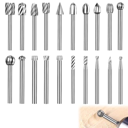 Holzschnitzerei Bohrer Set für Rotary Tool, 20 Stück Holzfräser, HSS-Drehfräser-Set, Frässtifte mit 3mm Schaft, Holz fräser für Heimwerker, Holzarbeiten, Schnitzen, Gravieren, Bohren