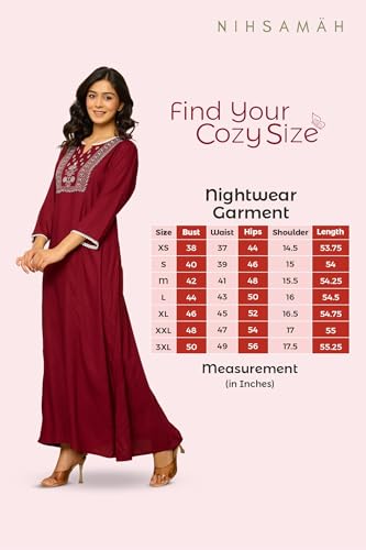 Image of NIHSAMAH Viscose Nighty for Women, Embroidered & Printed Stylish Night Gown, Long Sleeve Comfortable Sleepwear Long Nightwear, Maxi