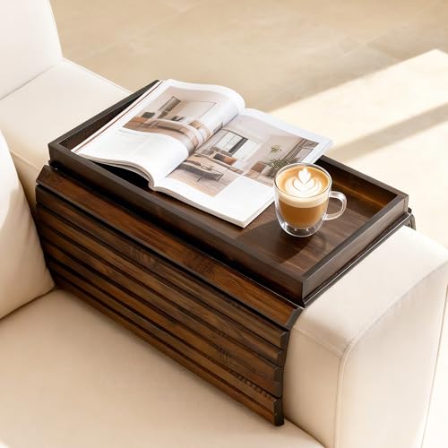 Walnut Wood Sofa Arm Tray Table NonSlip Couch Armrest Tray for Drinks Phone Snacks & Remote Foldable SpaceSaving Tray for Home