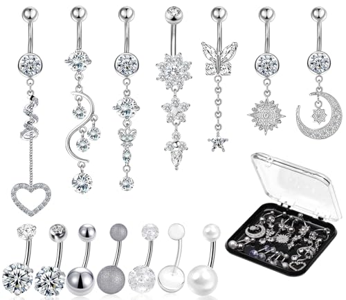14 PCS Belly Button Rings for Women, 14G Long Dangle Navel Ring Screw Bar Design Body Piercing Jewelry Belly Rings Gifts