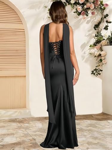 Satin Strapless Bridesmaid Dresses Long for Women Mermaid Pleated Formal Evening Gowns with Scarf4