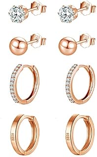 wynn's Sterling Silver Stud Earrings for Women, Silver Stud Earrings & Silver Hoop Earrings Set, 4 Pairs Small Cartilage Sleepers Studs Hoops Earrings Set, 4mm Studs & 12mm Hoops, Silver Earrings