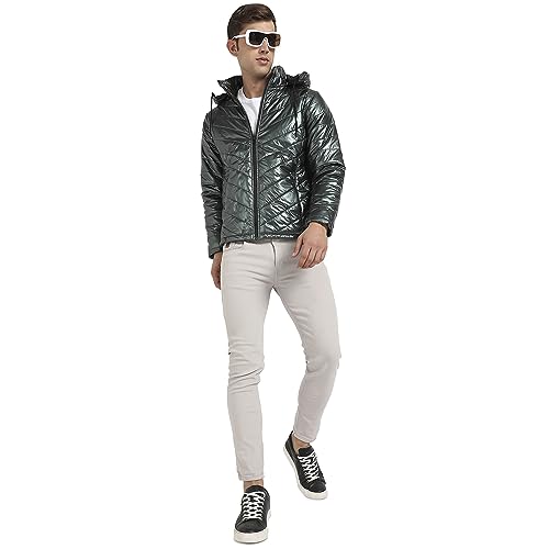 Image of Campus Sutra Men's Forest Green Zip-Front Quilted Puffer Jacket For Casual Wear | Hooded Neck | Long Sleeve | Zipper Closure | Polyester Jacket Crafted With Comfort Fit For Regular Wear