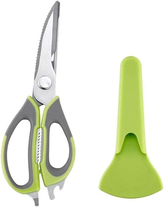 CrafScissors Kitchen Scissors Stainless Steel Household Multifunctional Food Supplemen(Green+magnetic Cover)