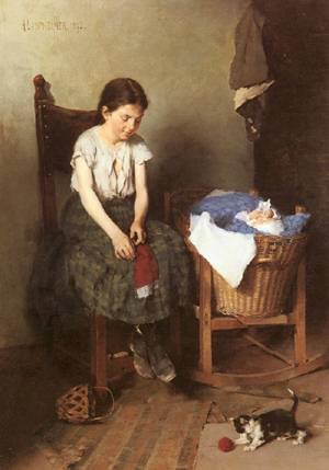 Peinture à l'huile Die Grosse Schwester Anton Laupheimer tableau 12x16