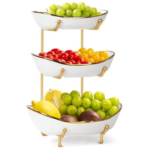 YUNLINLI 3-Tier Ceramic Fruit Bowl, Modern Fruit Basket for Kitchen Countertop, Tiered Fruit Display Stand with Gold Metal Stand, Non-Slip & Chip-Resistant, Dishwasher Safe (Gold&White) - image 1