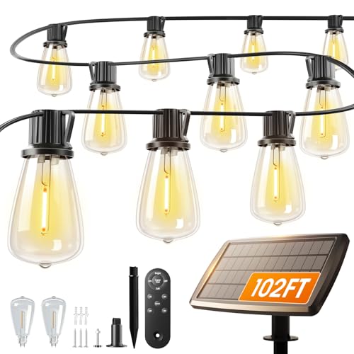 Image of addlon 102FT(96+6) Solar String Lights Outdoor with Remote, 48 LED Dimmable Waterproof Patio Hanging Lights (2FT Bulb Spacing), Long-Lasting Solar Light for Outside, Yard, Backyard, Garden, Camping