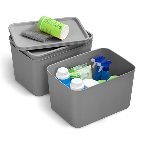 Iris Ohyama, 3er-Set 22L, aufbewahrungskörbe aus Kunststoff, Vielseitige Ordnungsbox, Stapelbar & platzsparend, Nachhaltige Organisation, BPA-frei, Körbe & Behälter für Büro & Küche, SNL-MD