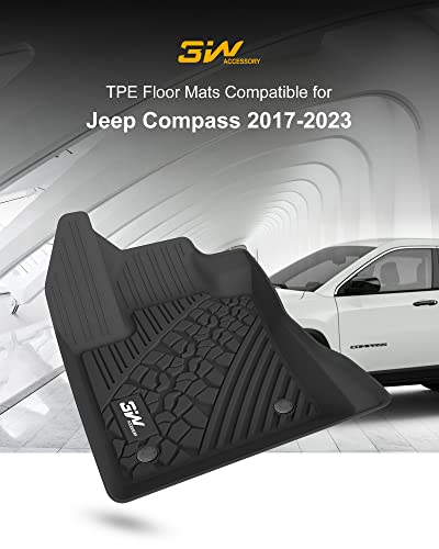 3W Floor Mats Compatible For Jeep Compass 2017-2023 Tpe All Weather Custom Fit First And Second Rows Full Set Car Mats - Black #TOP1