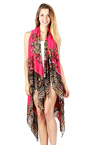 Scarfand Sleeveless Breezy Chiffon Drapey Cardigan Vest Floral & Paisley Print (Fiery Leopard Fuchsia)