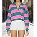 Women Striped Rugby Shirts Vintage Oversized Long Sleeve Collared Polo Shirt Y2k Button Up Pullover Sweatshirt Top (Ruffle Hem Rose Red Green, M)