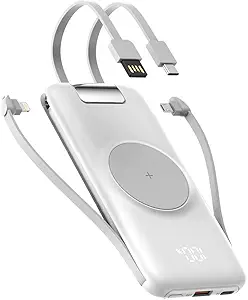 Power Bank 10000mAh, 22.5W Fast Charging Wireless Battery Pack with Digital Display, Slim Portable Charger with Built in Cable, with Foldable Kickstand USB c Compatible with iPhone,Android Phone