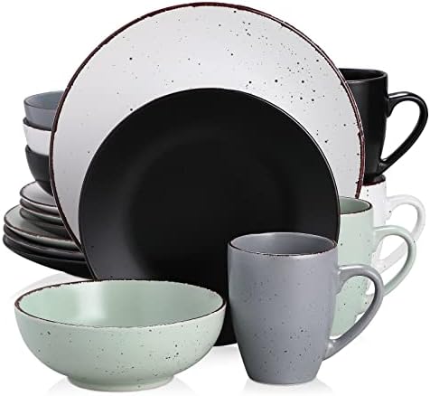 vancasso Series Moda, Matte Dinner Set Black Dinner Service, 16-Piece Ceramic Dinnerware Tableware Stoneware Crockery with 11in Dinner Plate, 8in Dessert Plate, 7in Bowl and 14oz Mug