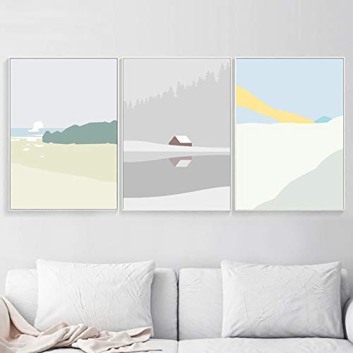 Peinture toile paysage nordique minimaliste déco salon grand poster triptyque 70x100cm sans cadre