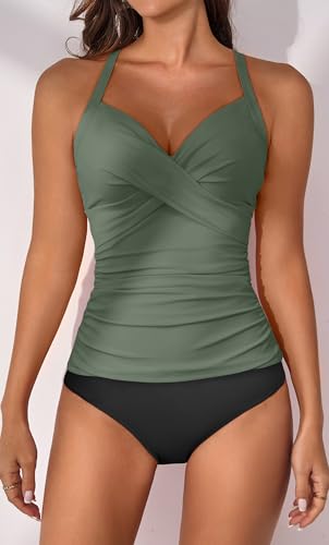 Image of B2prity Women's Tankini Swimsuits Tummy Control Ruched V Neck Bathing Suit