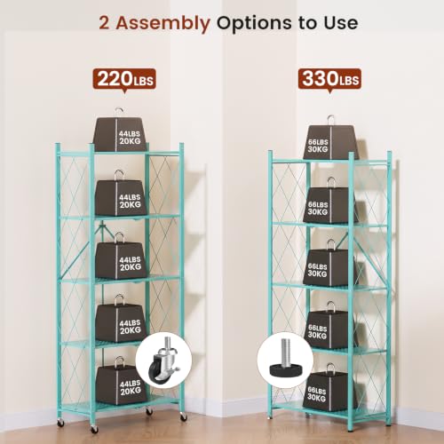 Image of ALANNG 60.6 Inch Folding Bookshelf, 5 Tier Metal Bookcase and Bookshelves | Tall Shelves for Living Room Office Bedroom, Heavy Duty Book Shelve Free Standing Open (Mint Green, 4PACK)