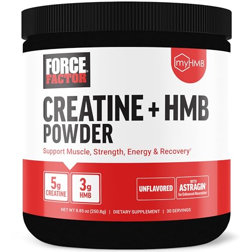 FORCE FACTOR Creatine HMB, 5g Creatine Monohydrate Powder, 3g myHMB, Support Muscle, Strength, Energy & Recovery, with AstraGin for Enhanced Absorption, ~30 Servings, Unflavored Powder
