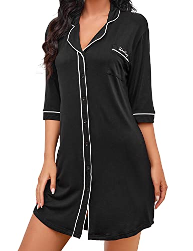 Image of Clocly Nightgowns for Women Button Down Night Shirt 3/4 Sleeve Boyfriend V-Neck Sleepwear Pajama Dress