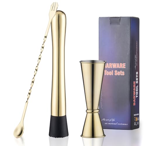 Gbuxska Gold Muddler for Cocktails, 10 Inches Bar Spoon, 1 oz 2 oz Double Jigger- Premium 3 Piece...
