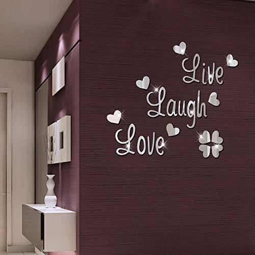 HJAA Silver Live Love Laugh Letters Heart Mirrors Combination 3D Mirrors Wall Stickers DIY Acrylic Mirrors Sitting Room Bedroom Background Adornment Morden Letter Art Wall Sticker