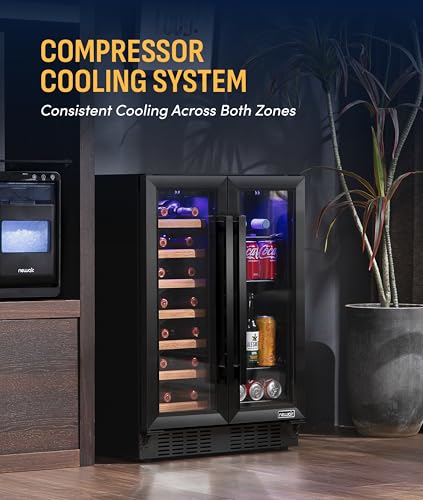 Image of NewAir 24 inch Dual Zone Beverage Refrigerator & Wine Cooler for 20 Bottles & 78 Cans | Freestanding or Built-In Under Counter Mini Fridge for Beer, Wine and Soda | Black Stainless Steel