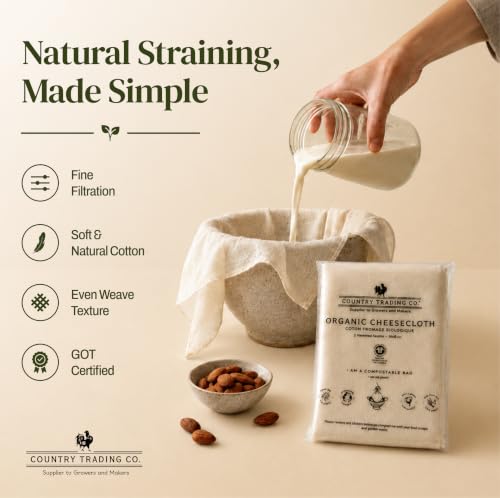 Image of Country Trading Co. Organic Cheesecloth, Grade 120 Extra-Fine Weave, 2 Hemmed Squares, GOTS Certified Unbleached Cotton, Reusable Straining Cloth for Cheese, Nut Milk, Yogurt & Kombucha