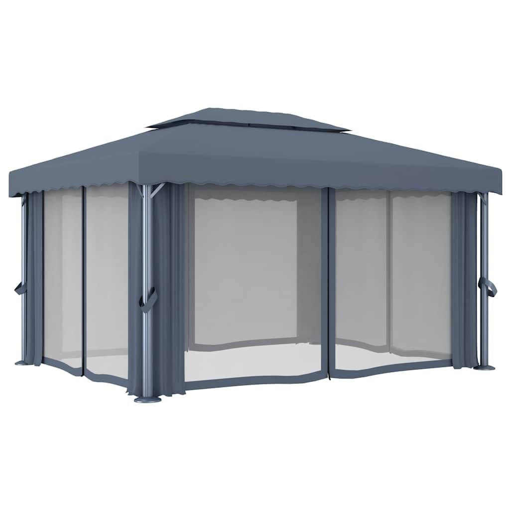 Pawilon ogrodowy, antracyt, 4 x 3 m, z zasłoną i moskitierą, aluminiowa rama z rur stalowych malowanych proszkowo, 2-piętrowy dach poliestrowy z powłoką PA, łącznie z hakami