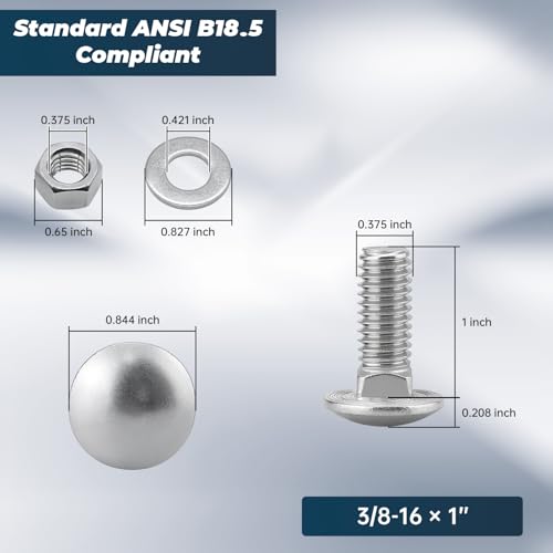 Image of 3 /8-16 x 1 Inch Carriage Bolt Kit, 304 Stainless Steel (18-8) with Hex Nuts & Flat Washers - 8 Sets, Round Head Square Neck, Full Thread Coverage by Glvaner
