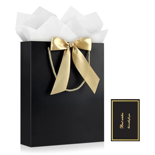 Image of JMANNI Gift Bag, 1PCS Gift Bags with Ribbon and 1 Greeting Cards 2 Tissue Paper, Portable Paper Gift Bag with Handles, Birthday Gift Bags,Present Bags for Wedding Party Mothers Day(PureBlack)