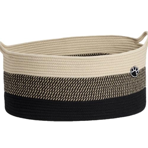 Optish 40L Extra Large Dog Toy Basket XL Toy Storage Box and Bin with Handles 20 x 14 x 9 Woven Cotton Rope Foldable Basket for Blankets Living Room Bedroom Home Decor Black & Brown
