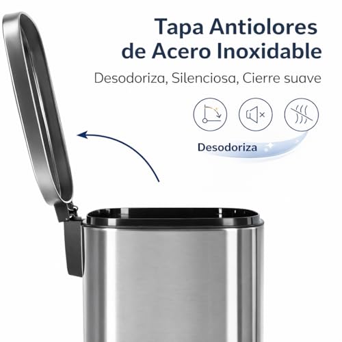 Miniatura 5 de T-Lovendo.Es Cubo De Basura 50l Grande De Acero Inoxidable Con Pedal Papelera Con Tapa Anti-Olores Sistema Sujeta Bolsas Diseño Moderno Apertura Suave Y Silenciosa Cocina Baño Oficina