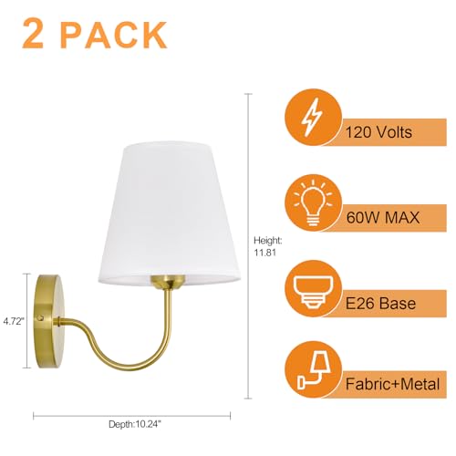 Image of Modern Gold Hardwired Wall Sconces Lighting Fixture, E26 Industrial Vintage Gold Wall Light Set of 2 Pack Wall Lamp Bathroom Decor for Bedroom Living Room, Brass Finish Sconces