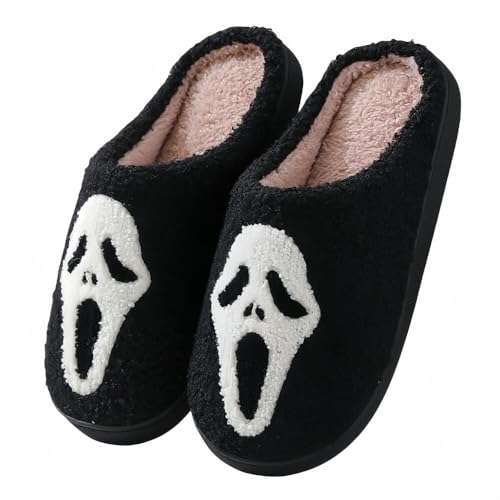 GEBUFAW Halloween Slippers for Women Retro Soft Cozy Comfy Plush Lightweight Slip-on Indoor Outdoor Anti-Skid Sole Christmas House Shoes