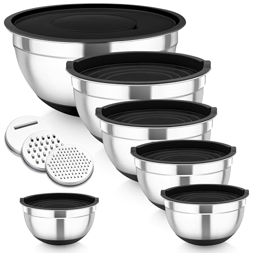 Homikit Mixing Bowls Set of 6, Stainless Steel Salad Bowls with Airtight Lids & 3 Grates, Metal Nesting Bowls for Mixing/Baking/Storing, Silicone Base - 0.7/1.2/1.6/2.5/2.8/4.6L (Black)