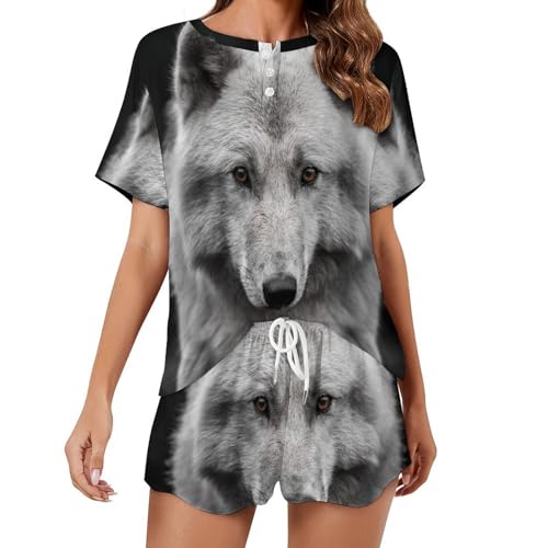 Pyjama femme manches courtes Loup Blanc Noir vêtement de nuit ete sleepwear