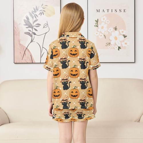 Satin Pajama Sets Short Sleeve Halloween Cats Pumpkins Button Down Silky Nightwear 2 Piece PJS 5-14Y4